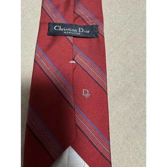 Vintage Christian Dior Tie Mens One Size Red Stripe Monsieur Logo Made USA 90s - Picture 7 of 9